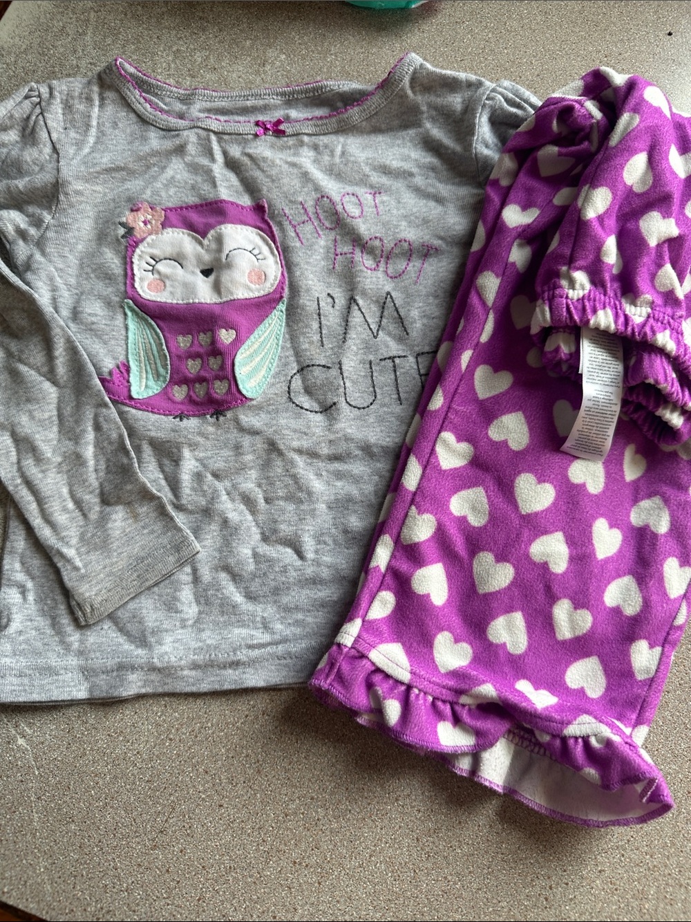 Carter's Gray Top with Purple Owl & Purple Heart Fleece Pants Pajama Set